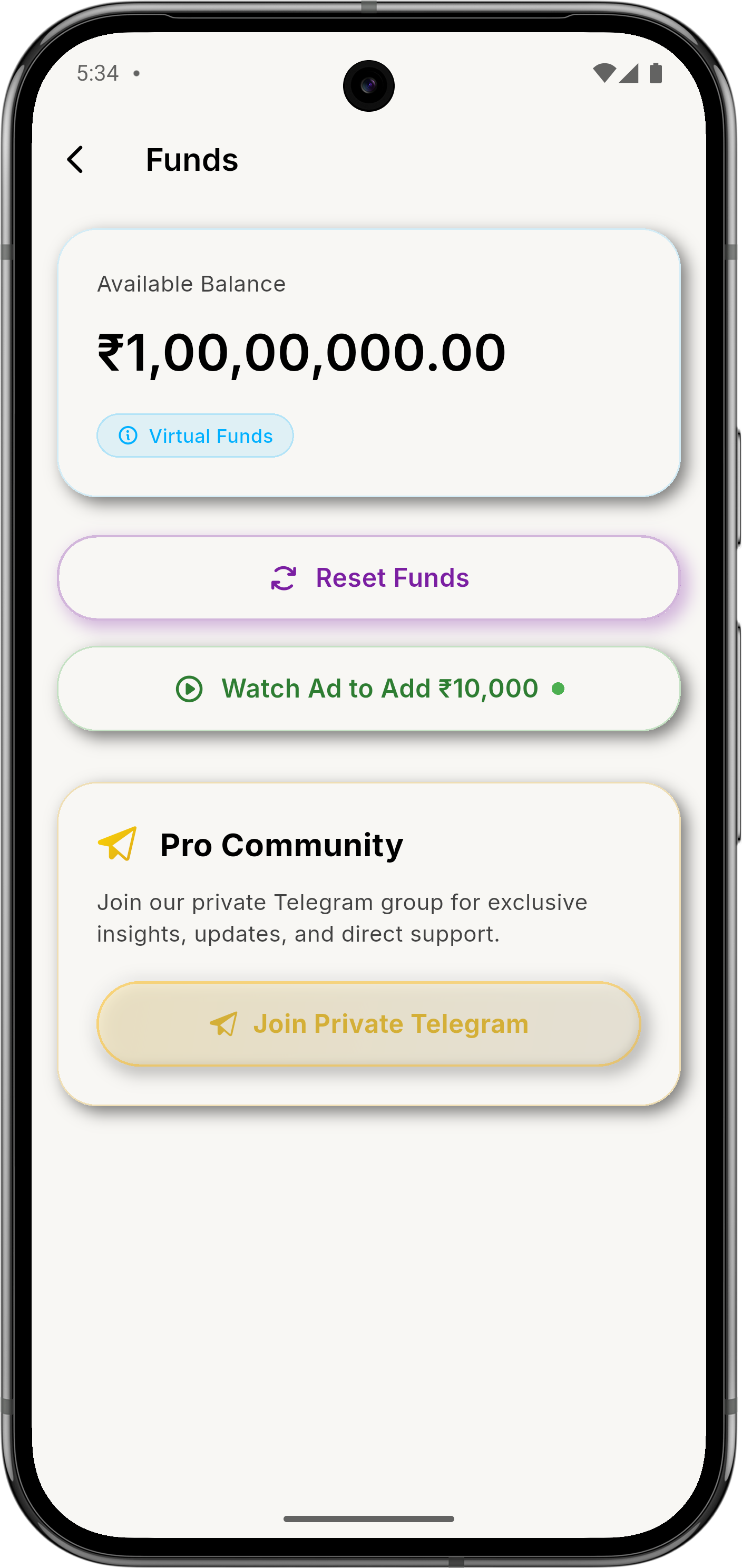 ZeroStake virtual funds screen